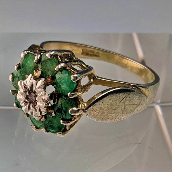 British Vintage Jewelry Emerald & Diamond Sterling Silver Ring